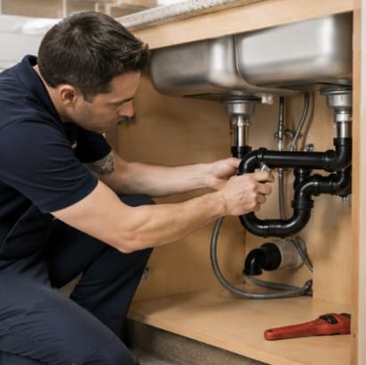 Licensed plumber repairing under-sink plumbing in a Shelby Township, MI home kitchen during a residential plumbing service call.