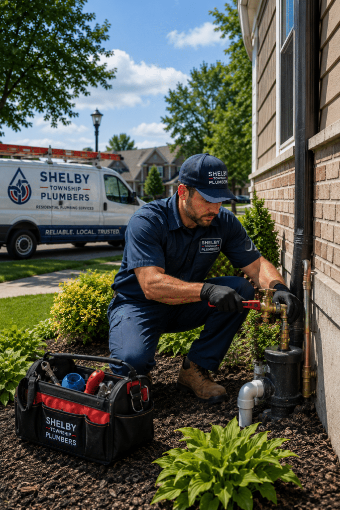 Residential plumber performing outdoor plumbing repair at a home in Utica, Michigan near the Hall Road corridor
