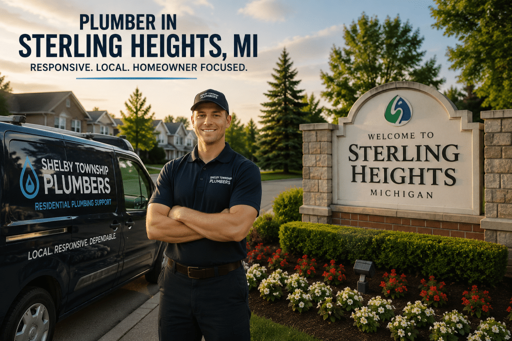 Responsive residential plumber in Sterling Heights, Michigan near local neighborhood entrance sign