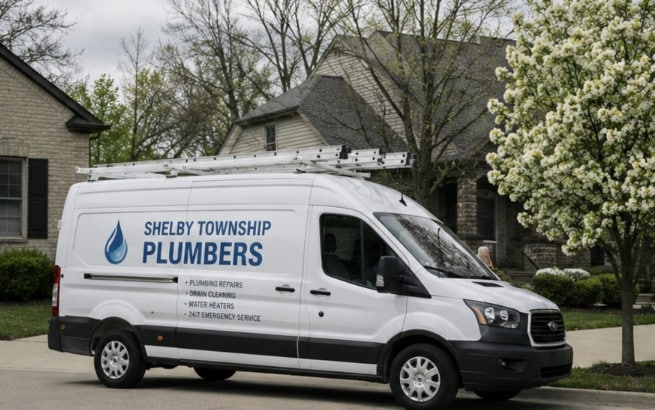 Professional residential plumbing service van parked outside a suburban home in Shelby Township, Michigan with plumbers performing repairs and water heater service.