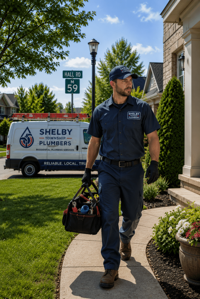 Residential plumber in Utica, Michigan walking to a suburban home near Hall Road (M-59) for plumbing service