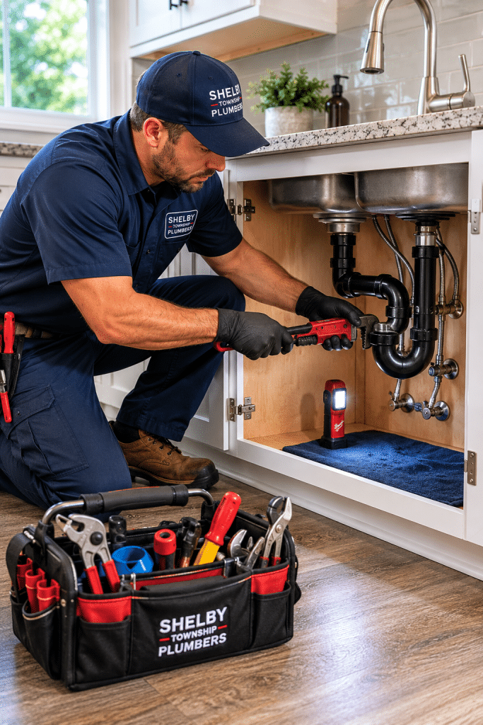 Professional residential plumber repairing kitchen sink plumbing in a Utica, Michigan home