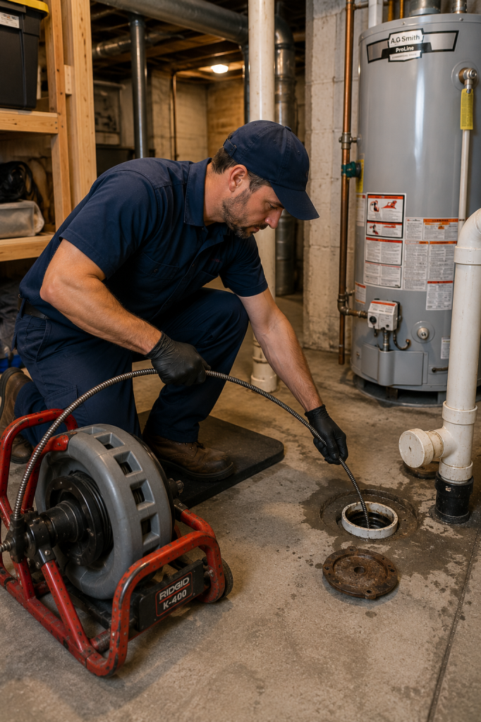 Plumber performing main drain cleaning service in a residential basement in Shelby Township, Michigan.
