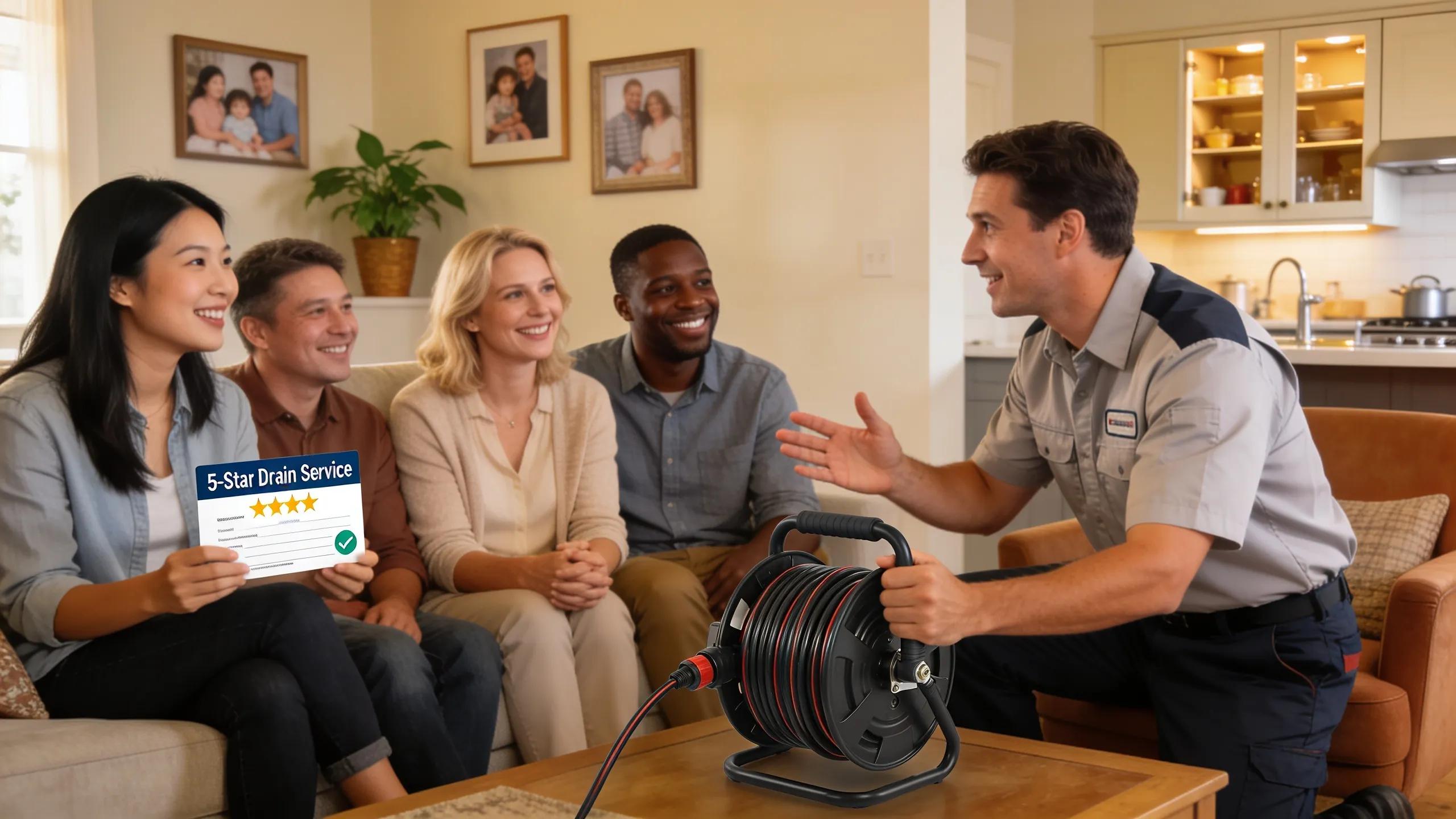 Satisfied customers sharing testimonials about reliable drain cleaning services
