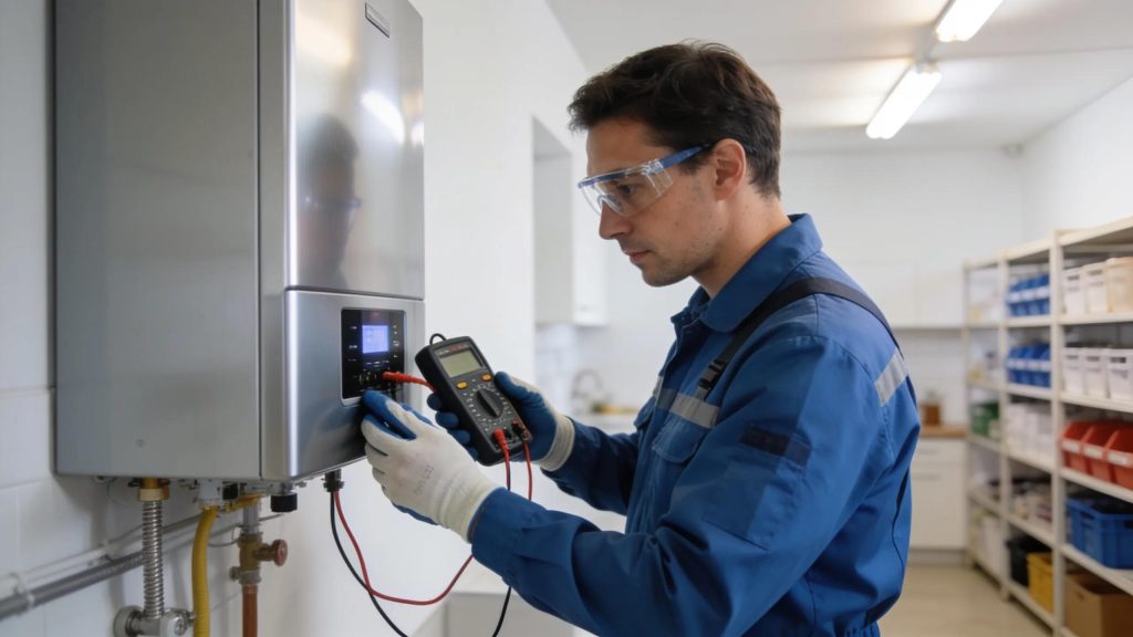 Technician inspecting a modern water heater in a clean utility room