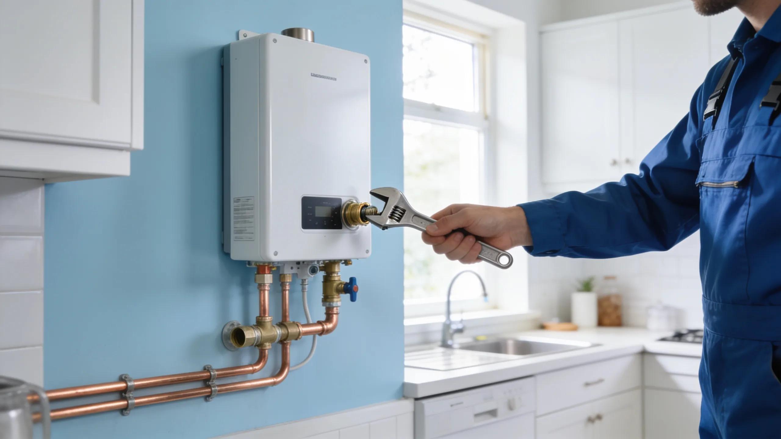 Tankless water heater installed in a modern kitchen, showcasing efficient plumbing