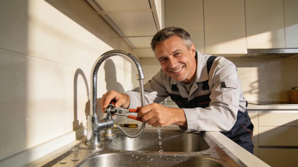 Professional plumber fixing a sink in a modern kitchen, showcasing emergency plumbing services