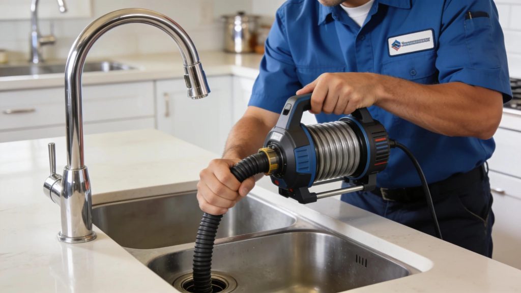 Professional plumber demonstrating drain cleaning services in a Shelby Township home