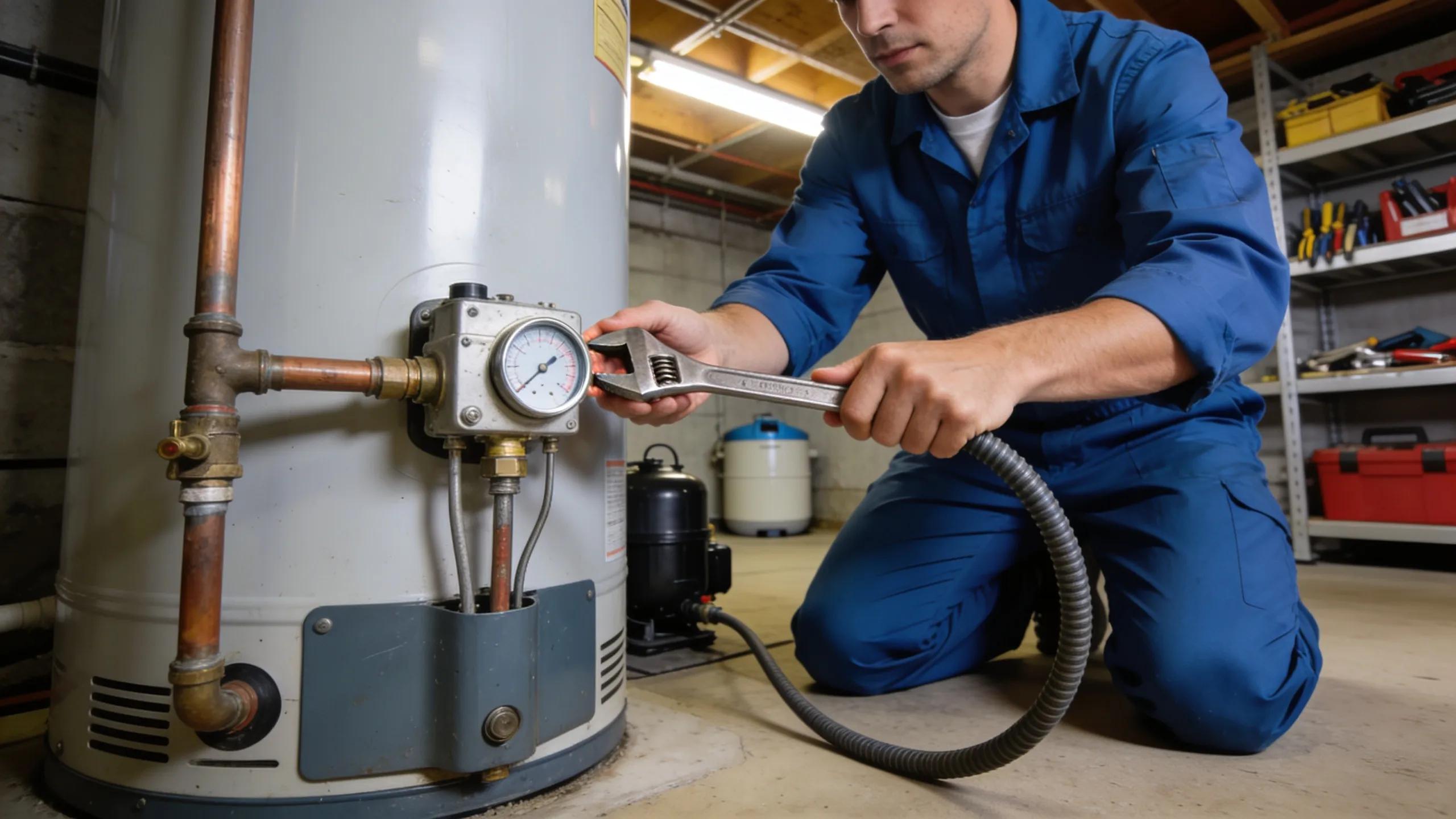 Person performing maintenance on a water heater in a well-lit basement