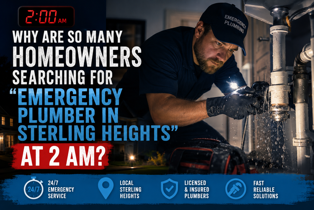 Emergency plumber repairing a leaking pipe during a late-night plumbing emergency in Sterling Heights, Michigan
