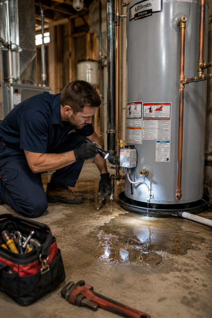 Plumber inspecting a leaking water heater in a Shelby Township MI home