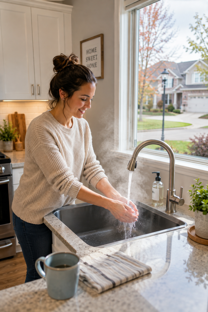 Shelby Township homeowner using hot water after residential water heater service