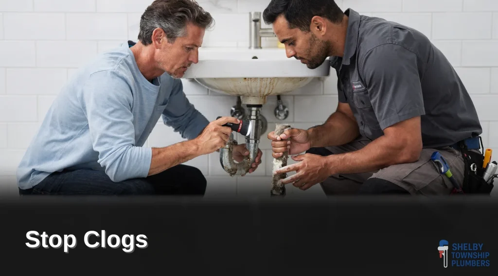 Clogs are commonly caused by hair, soap scum, grease, and food particles building up inside