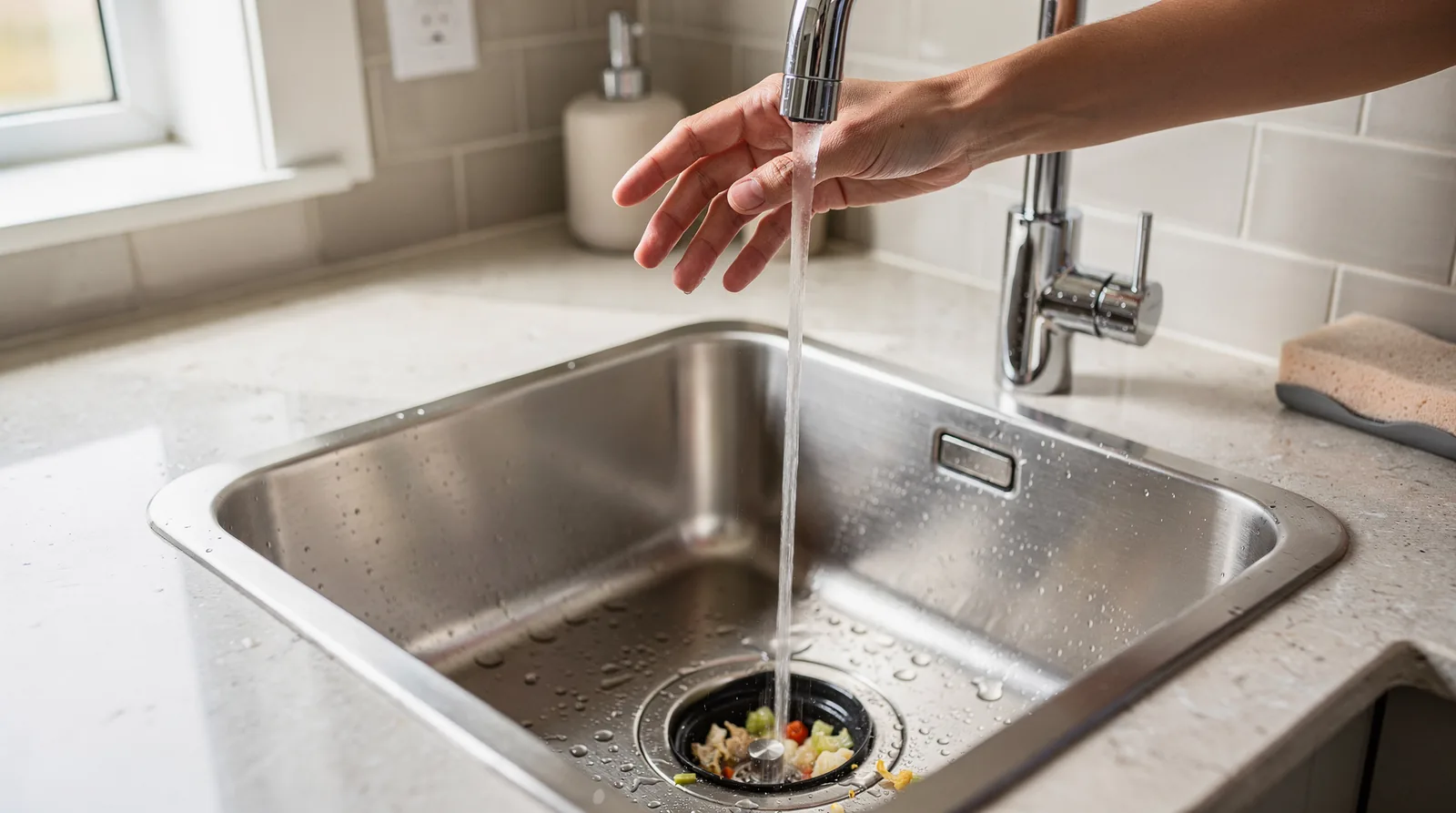 Running a steady stream of cool water before turning on the disposal helps it operate