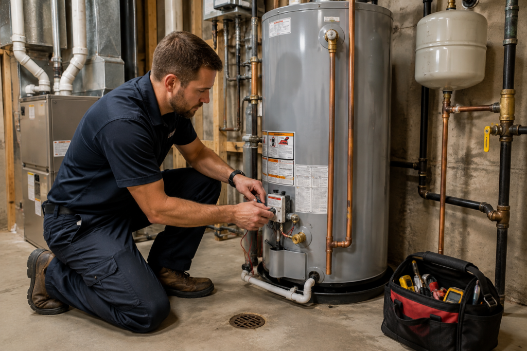 Plumber performing water heater repair in a Shelby Township, Michigan home