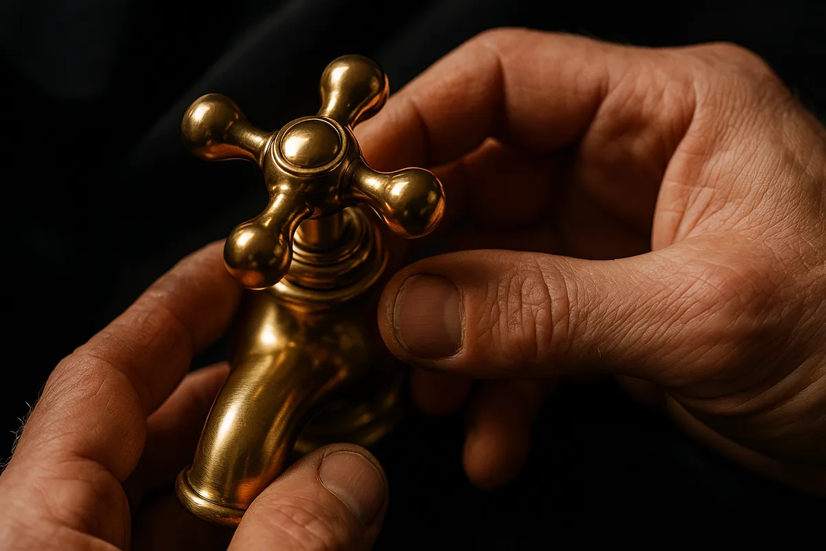 A skilled plumber examines a shiny brass faucet handle, highlighting the importance of quality plumbing services.
