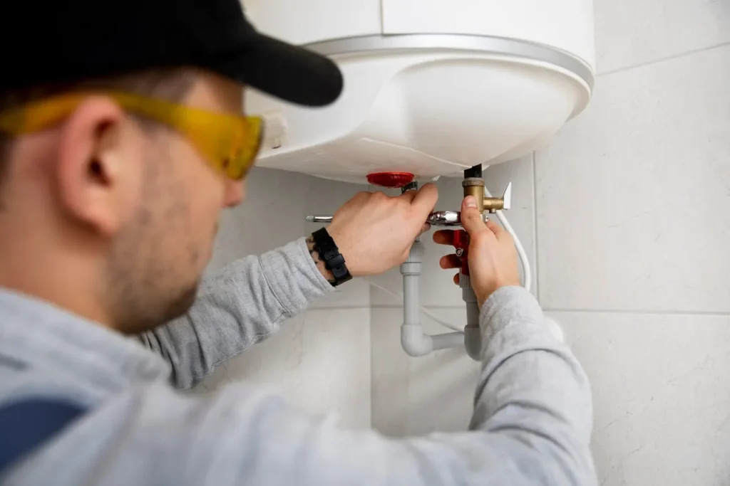 A technician repairing a water heater, illustrating the importance of professional repair services.